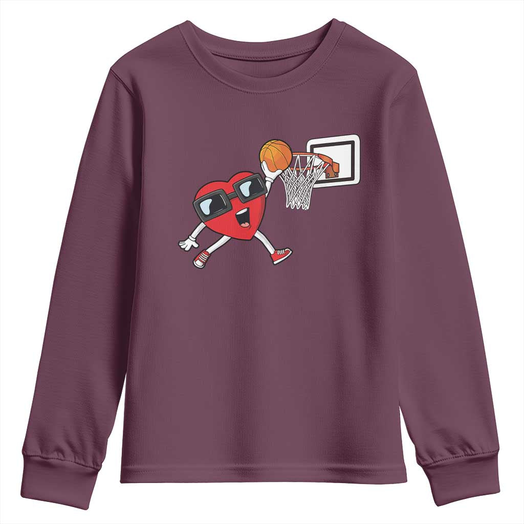 Basketball Valentines Youth Sweatshirt Cute Red Heart Playing Basketball Player Team Boys TS10 Maroon Print Your Wear