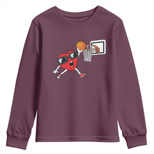 Basketball Valentines Youth Sweatshirt Cute Red Heart Playing Basketball Player Team Boys TS10 Maroon Print Your Wear