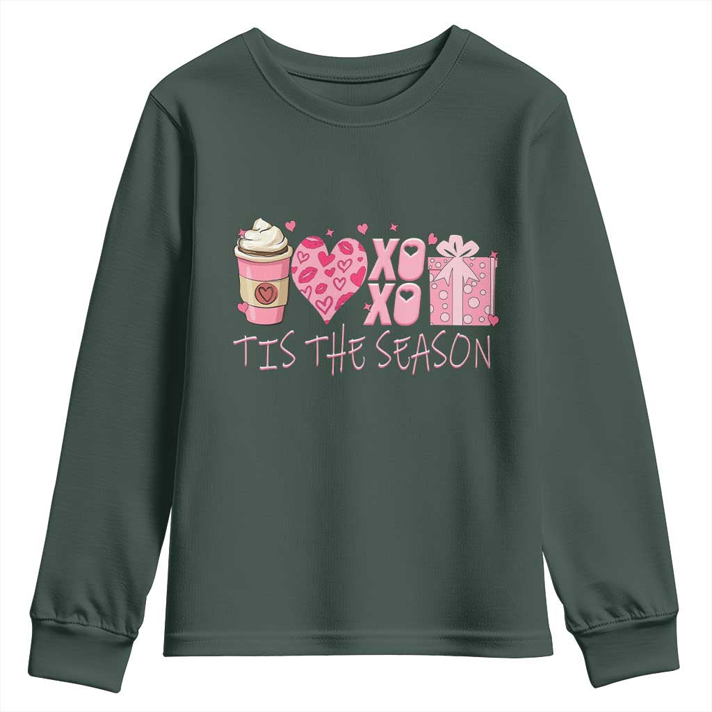 Valentine Coffee Youth Sweatshirt Love Heart XOXO Cute Graphic Valentines Day TS10 Dark Forest Green Print Your Wear