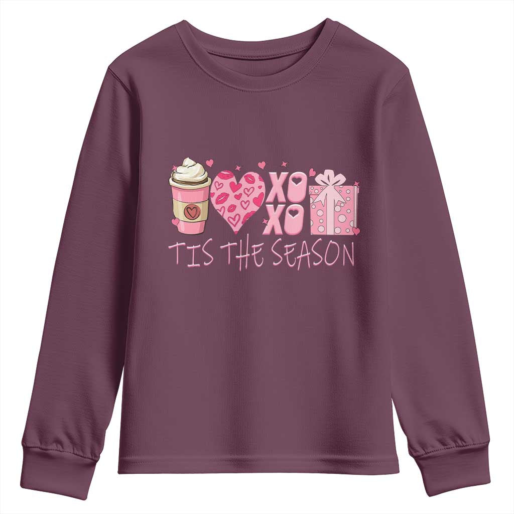 Valentine Coffee Youth Sweatshirt Love Heart XOXO Cute Graphic Valentines Day TS10 Maroon Print Your Wear