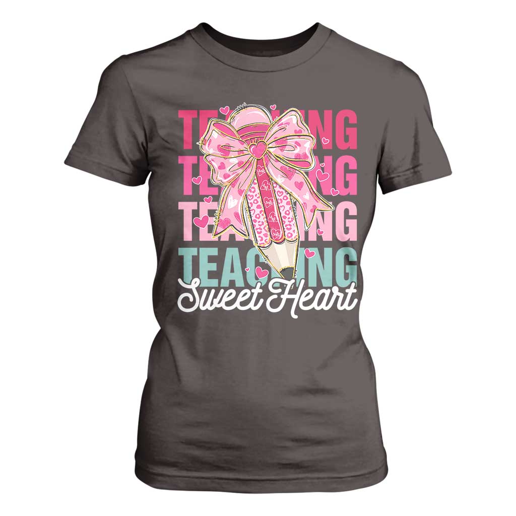 Teacher Valentine Coquette Bow T Shirt For Women Teaching Sweethearts TS10 Dark Chocolate Print Your Wear