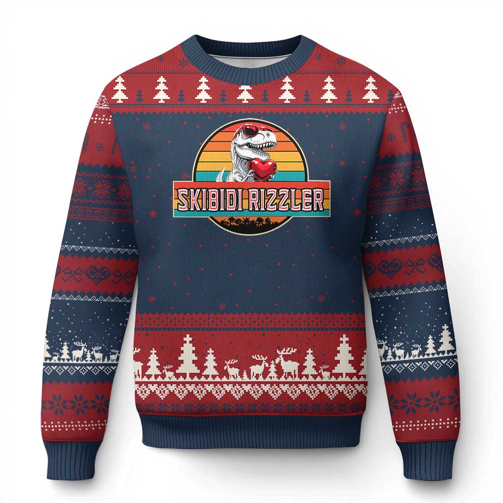 Vintage Valentines Dinosaur Ugly Christmas Sweater Funny Dino Meme Skibidi Rizzler TS10 Navy Red Print Your Wear