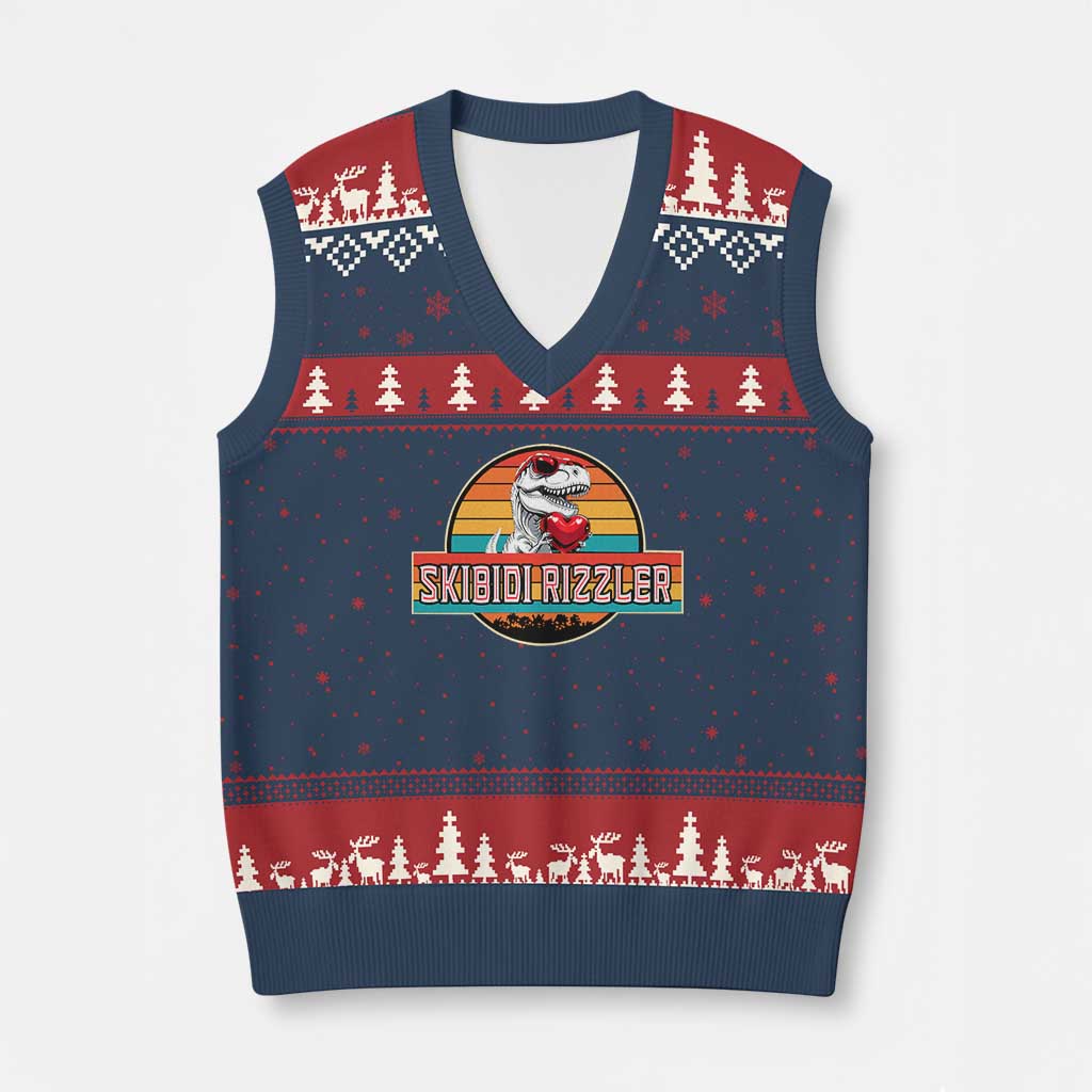 Vintage Valentines Dinosaur V-Neck Knit Sweater Vest Funny Dino Meme Skibidi Rizzler TS10 Navy Red Print Your Wear