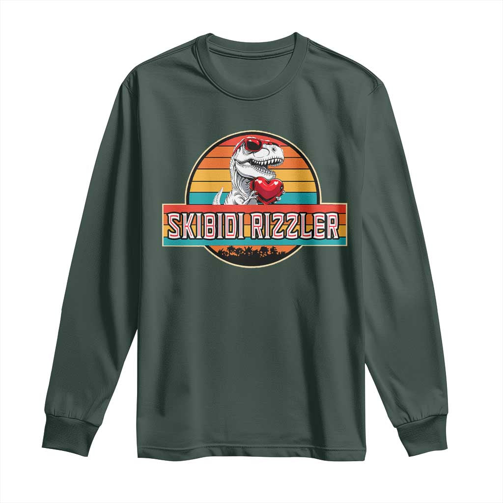 Vintage Valentines Dinosaur Long Sleeve Shirt Funny Dino Meme Skibidi Rizzler TS10 Dark Forest Green Print Your Wear
