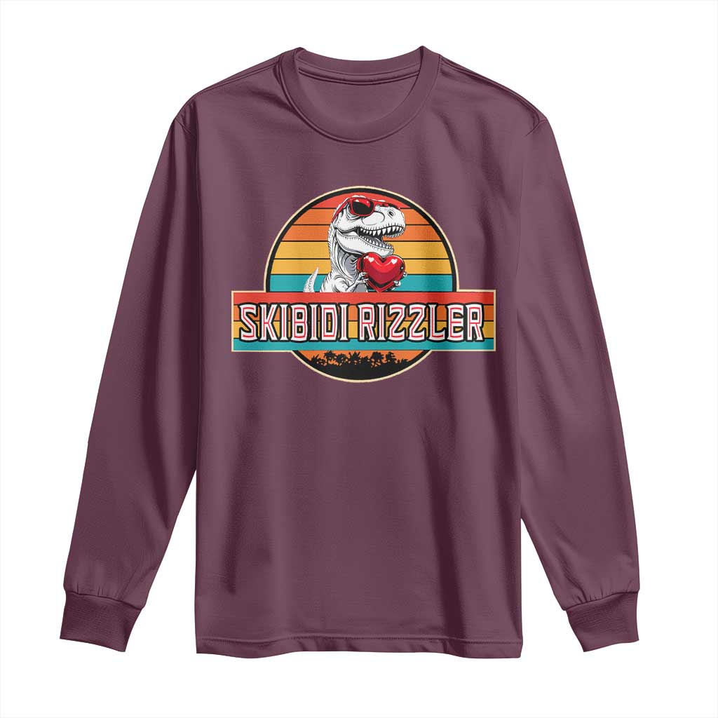 Vintage Valentines Dinosaur Long Sleeve Shirt Funny Dino Meme Skibidi Rizzler TS10 Maroon Print Your Wear
