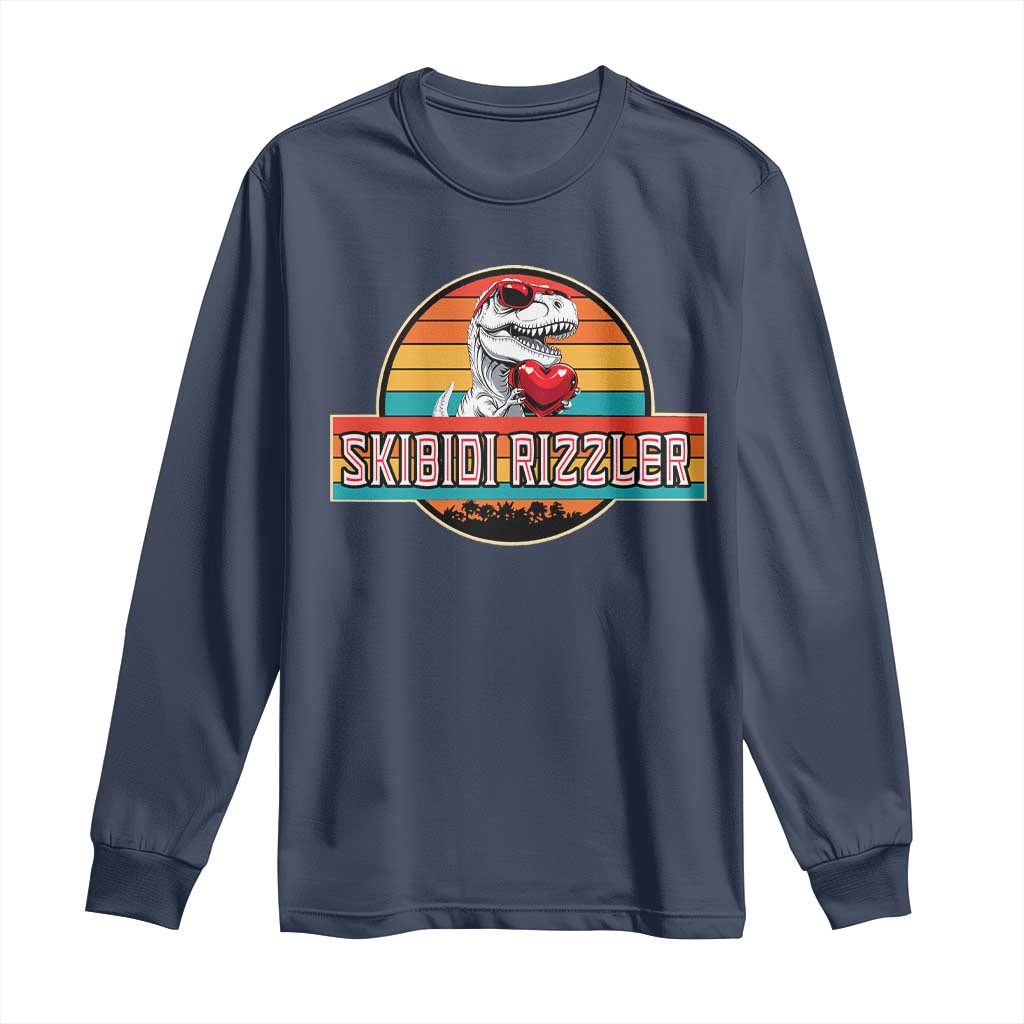 Vintage Valentines Dinosaur Long Sleeve Shirt Funny Dino Meme Skibidi Rizzler TS10 Navy Print Your Wear
