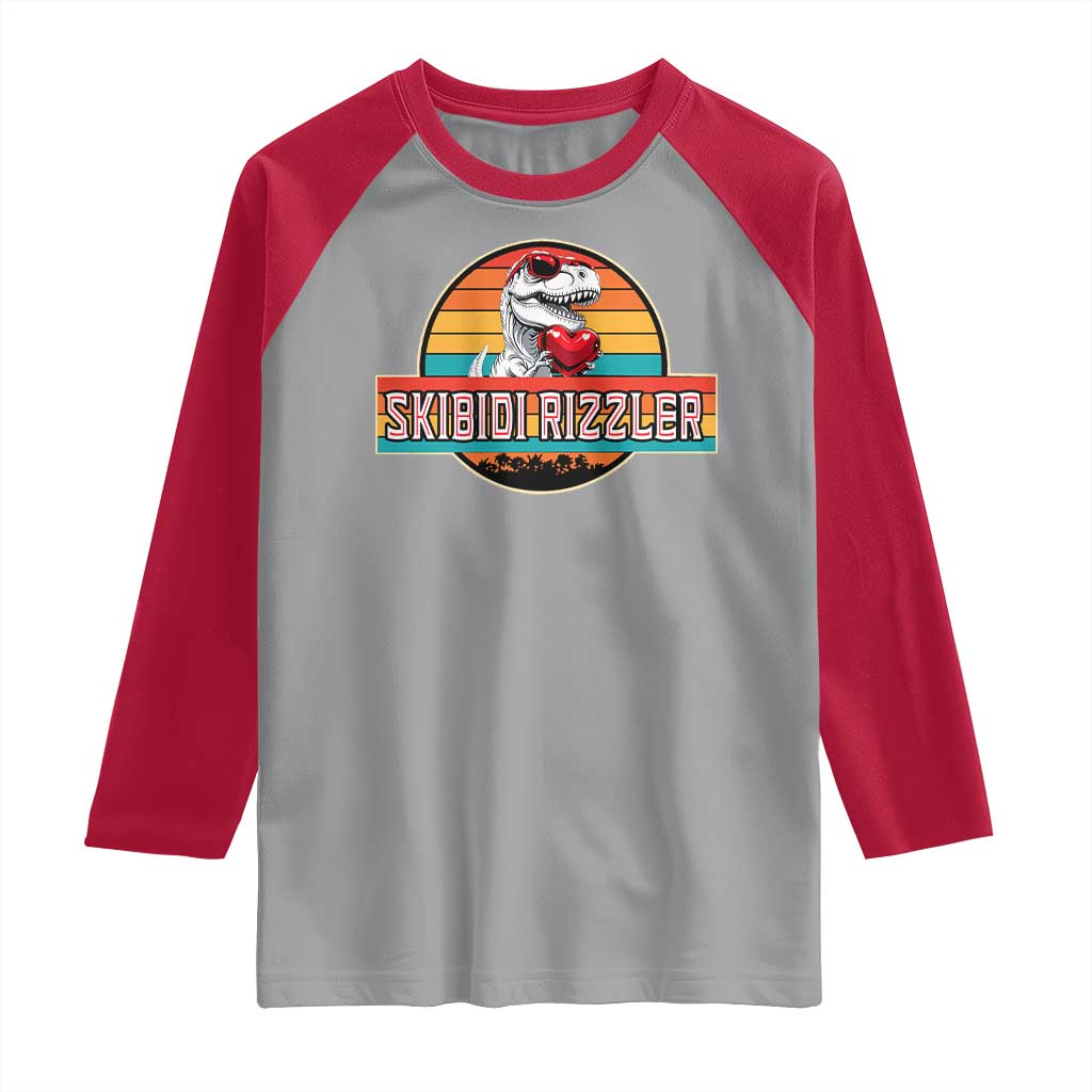 Vintage Valentines Dinosaur Raglan Shirt Funny Dino Meme Skibidi Rizzler TS10 Sport Gray Red Print Your Wear