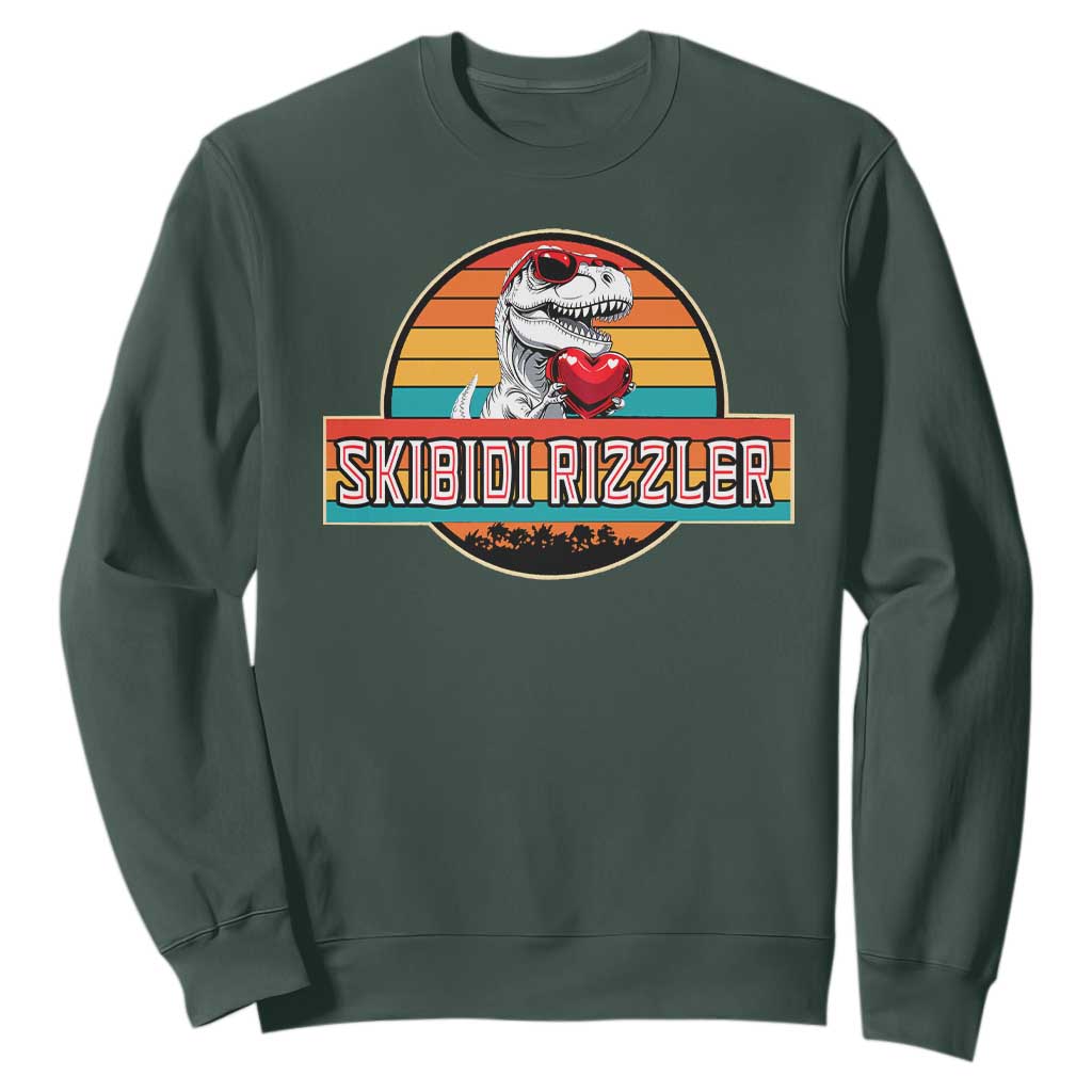 Vintage Valentines Dinosaur Sweatshirt Funny Dino Meme Skibidi Rizzler TS10 Dark Forest Green Print Your Wear