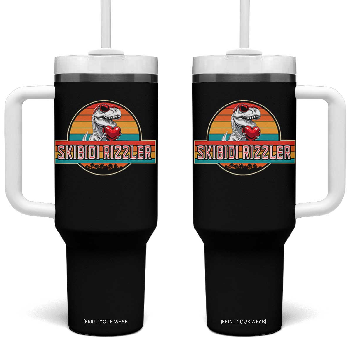 Vintage Valentines Dinosaur Tumbler With Handle Funny Dino Meme Skibidi Rizzler TS10 One Size: 40 oz Black Print Your Wear