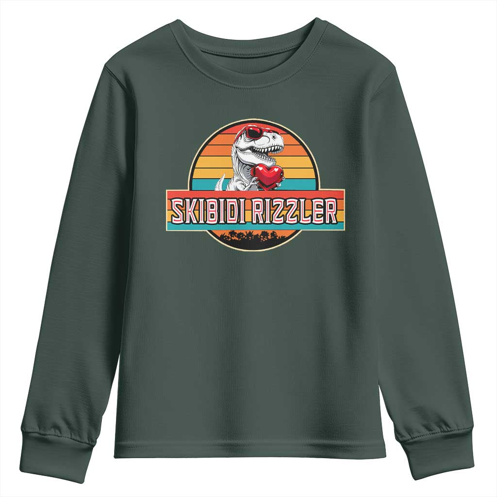 Vintage Valentines Dinosaur Youth Sweatshirt Funny Dino Meme Skibidi Rizzler TS10 Dark Forest Green Print Your Wear