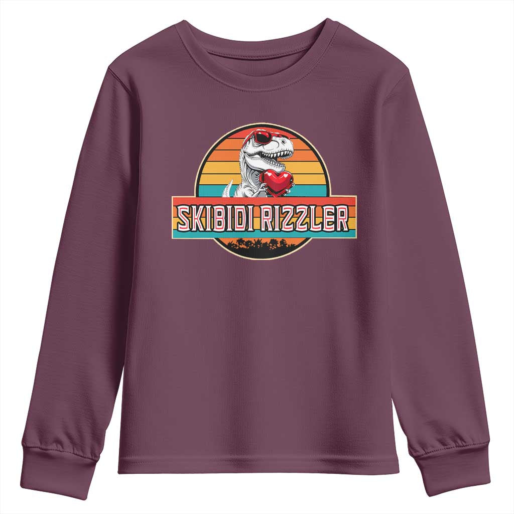 Vintage Valentines Dinosaur Youth Sweatshirt Funny Dino Meme Skibidi Rizzler TS10 Maroon Print Your Wear