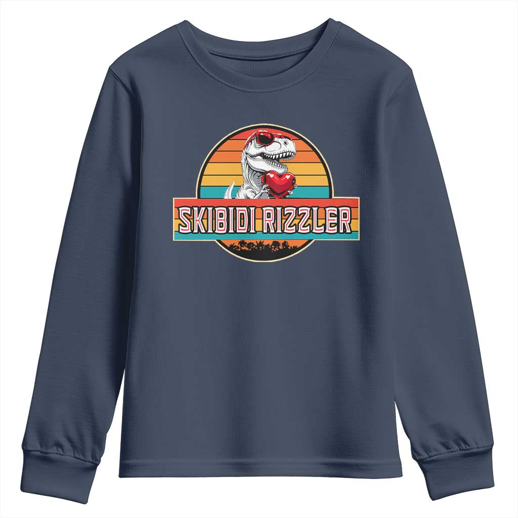 Vintage Valentines Dinosaur Youth Sweatshirt Funny Dino Meme Skibidi Rizzler TS10 Navy Print Your Wear