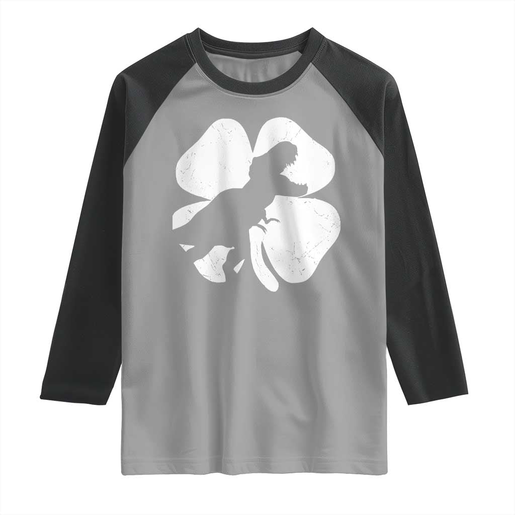 Dinosaur St Patricks Day Shamrock Raglan Shirt Silhouette Boys Toddler Kids TS10 Sport Gray Black Print Your Wear