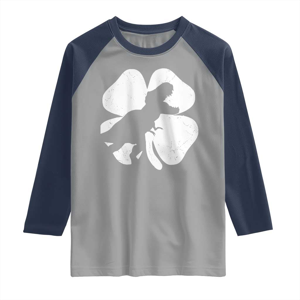 Dinosaur St Patricks Day Shamrock Raglan Shirt Silhouette Boys Toddler Kids TS10 Sport Gray Navy Print Your Wear