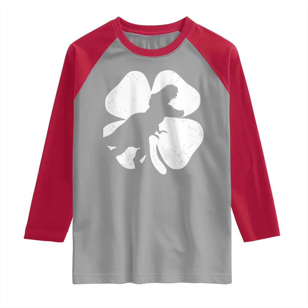Dinosaur St Patricks Day Shamrock Raglan Shirt Silhouette Boys Toddler Kids TS10 Sport Gray Red Print Your Wear