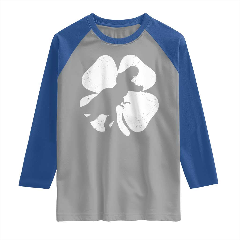 Dinosaur St Patricks Day Shamrock Raglan Shirt Silhouette Boys Toddler Kids TS10 Sport Gray Royal Print Your Wear