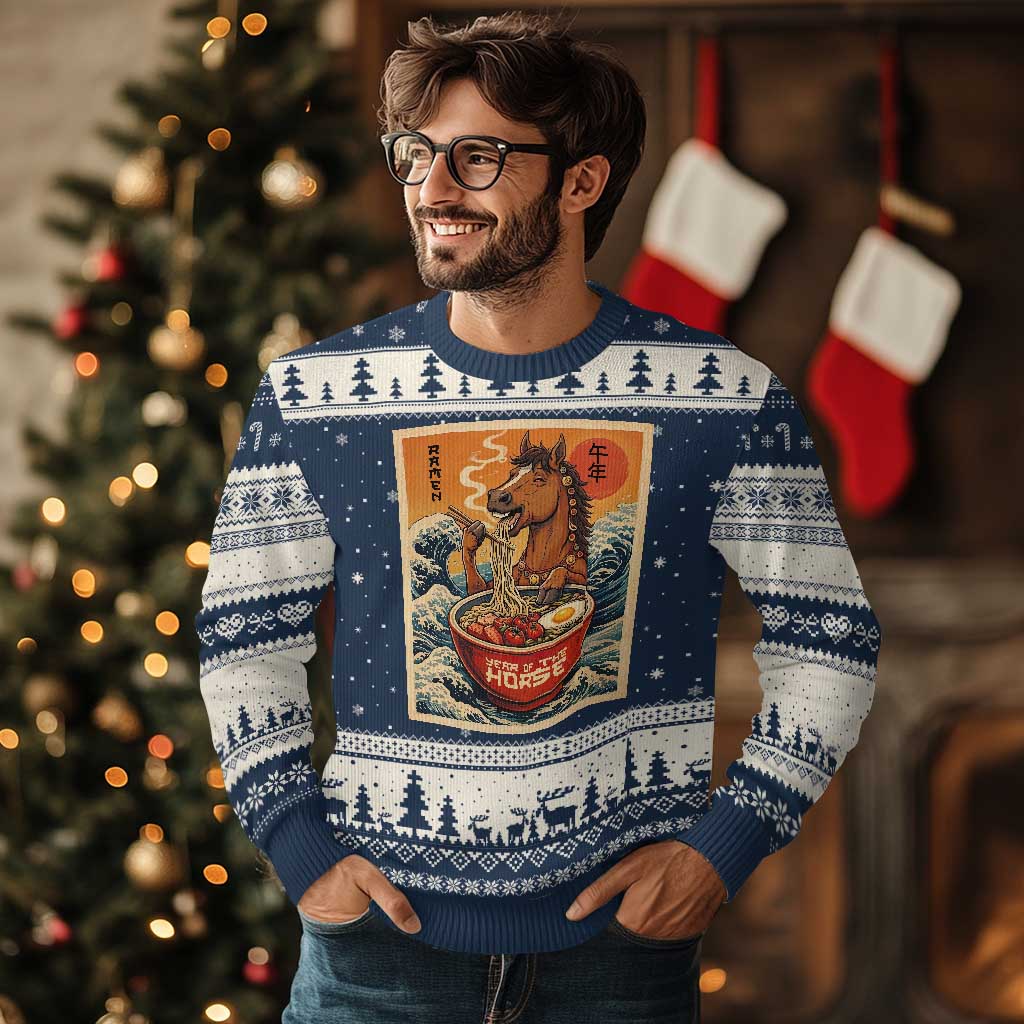 Zodiac Lunar New Year Of The Horse 2026 Ugly Christmas Sweater Ramen Lovers TS10 Navy Beige Print Your Wear