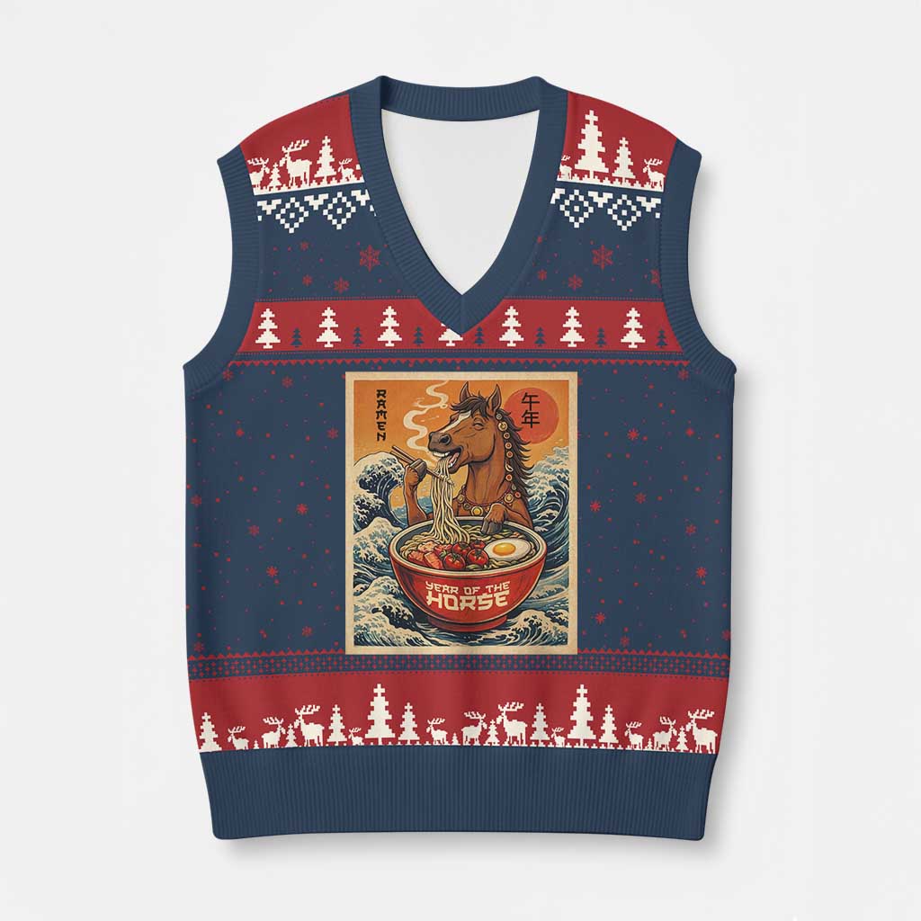 Zodiac Lunar New Year Of The Horse 2026 V-Neck Knit Sweater Vest Ramen Lovers TS10 Navy Red Print Your Wear