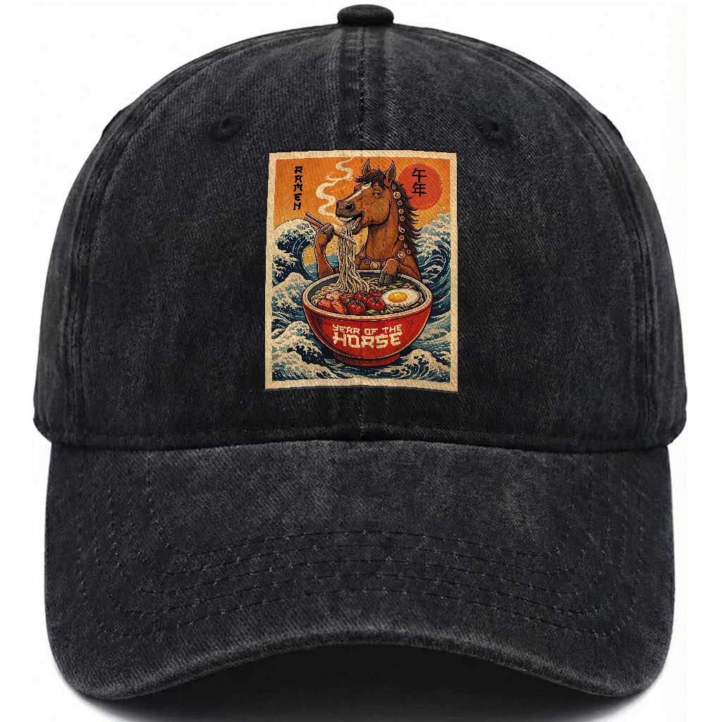 Zodiac Lunar New Year Of The Horse 2026 Washed Cotton Baseball Cap Ramen Lovers TS10 Washed Cap Universal Fit Black Print Your Wear