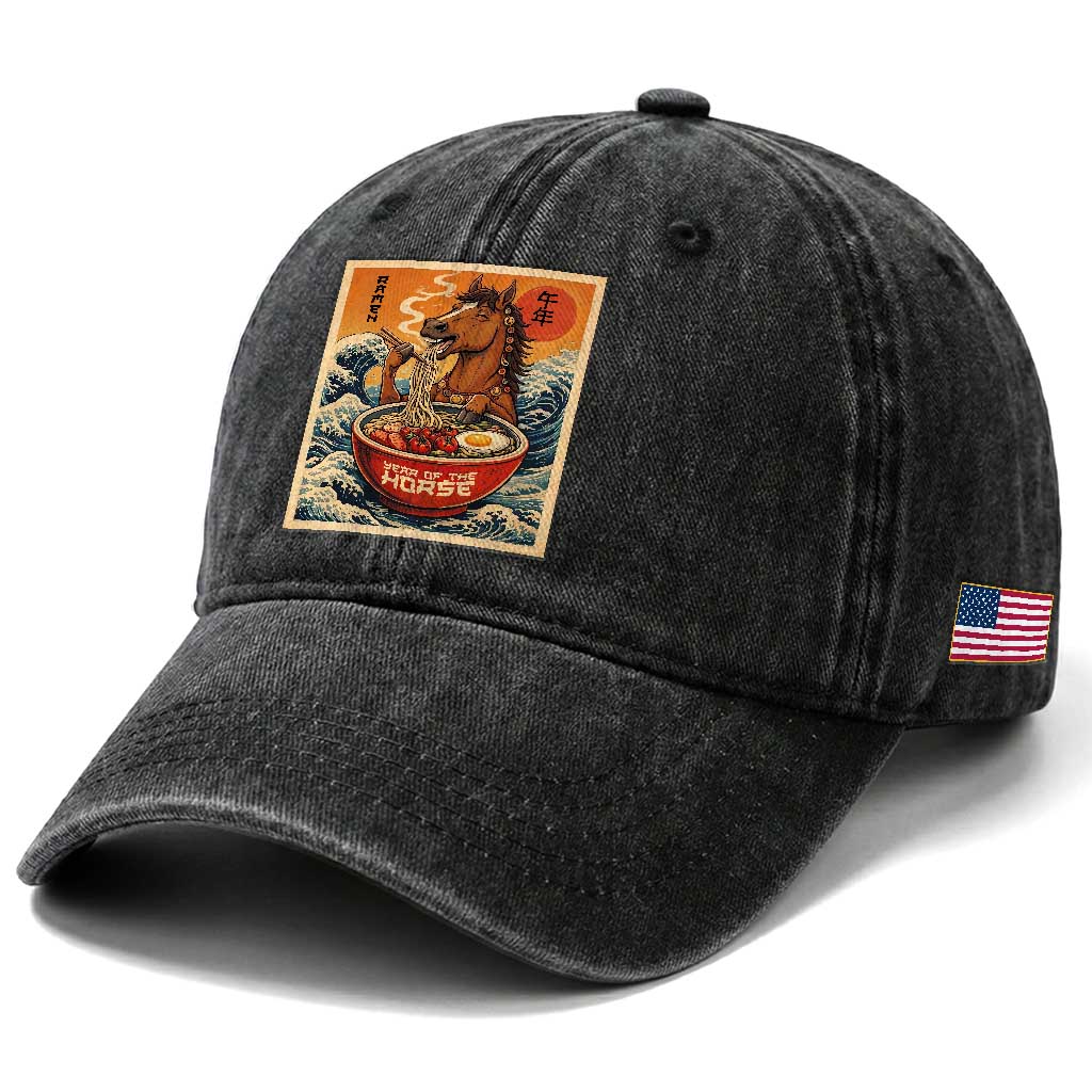 Zodiac Lunar New Year Of The Horse 2026 Washed Cotton Baseball Cap Ramen Lovers TS10 Print Your Wear