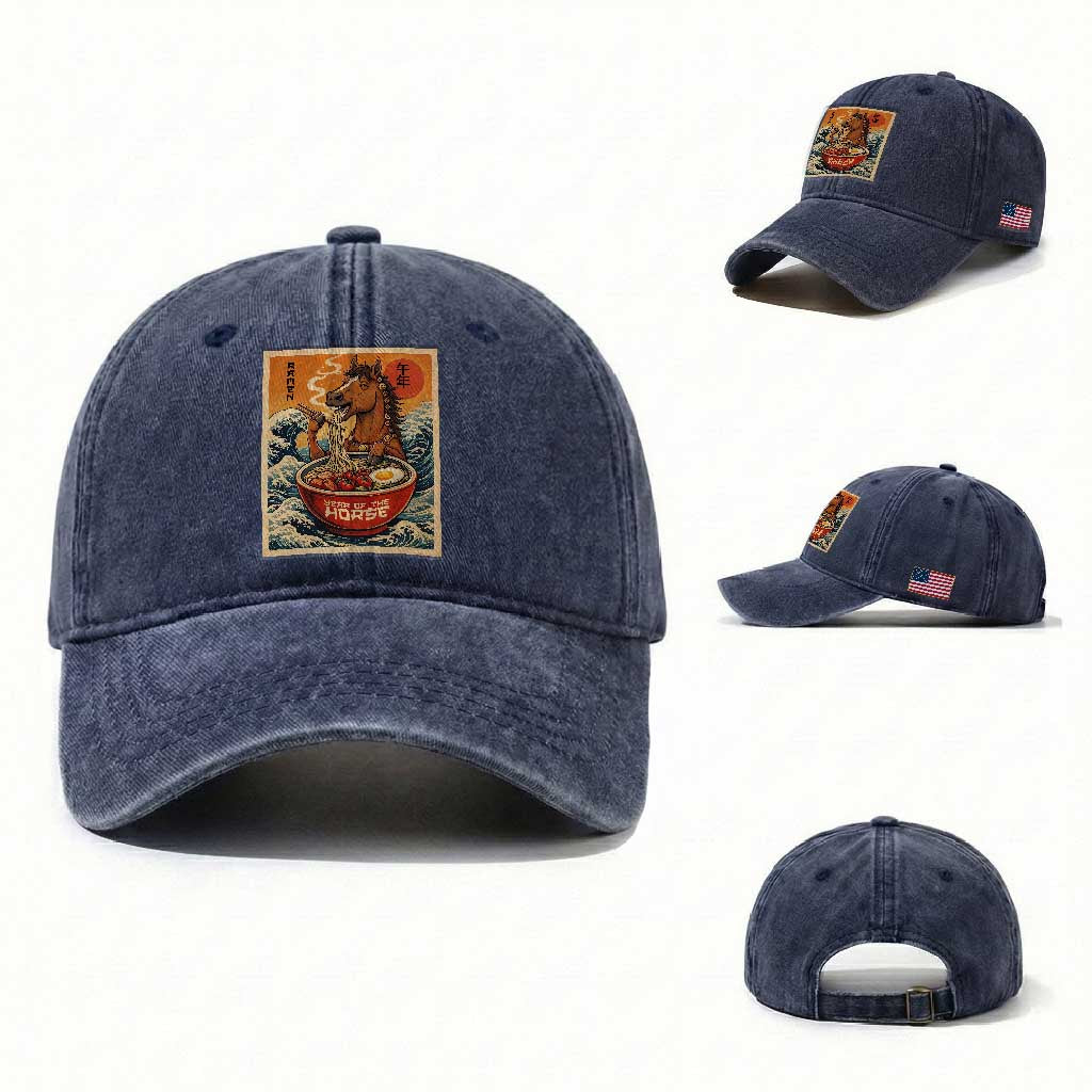 Zodiac Lunar New Year Of The Horse 2026 Washed Cotton Baseball Cap Ramen Lovers TS10 Washed Cap Universal Fit Navy Print Your Wear