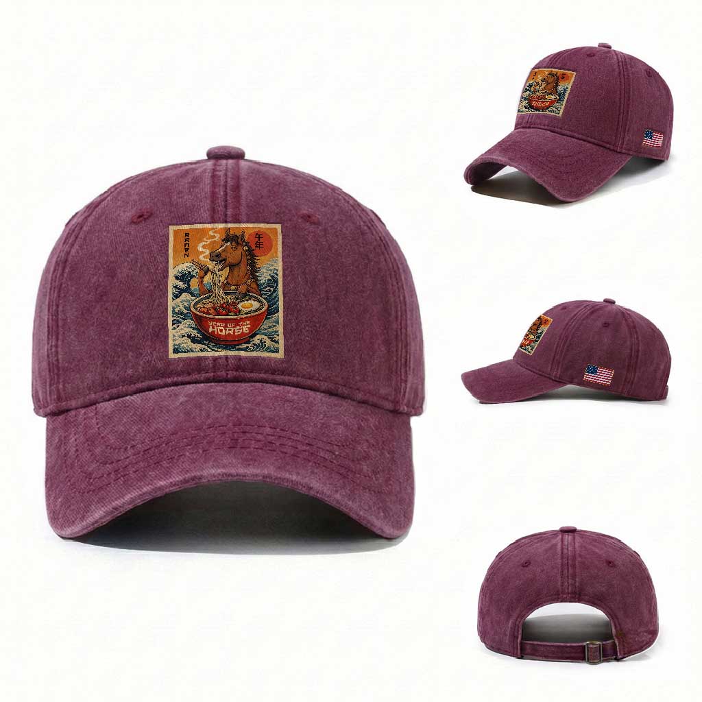 Zodiac Lunar New Year Of The Horse 2026 Washed Cotton Baseball Cap Ramen Lovers TS10 Washed Cap Universal Fit Burgundy Print Your Wear