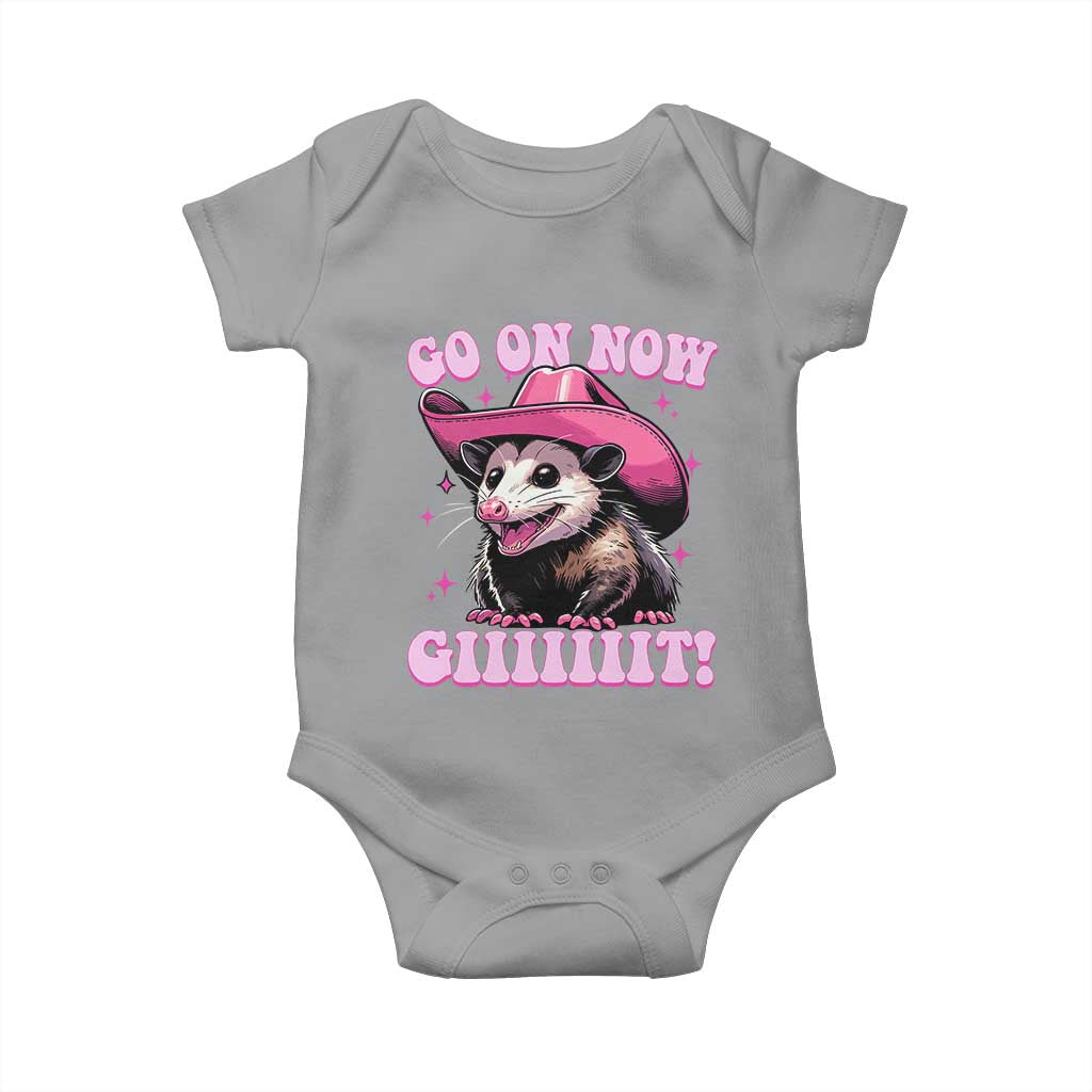 Cowboy Opossum Go On Now Git Baby Onesie Funny Possum Pink Cowgirl Hat Western Wild West TS10 Sport Gray Print Your Wear