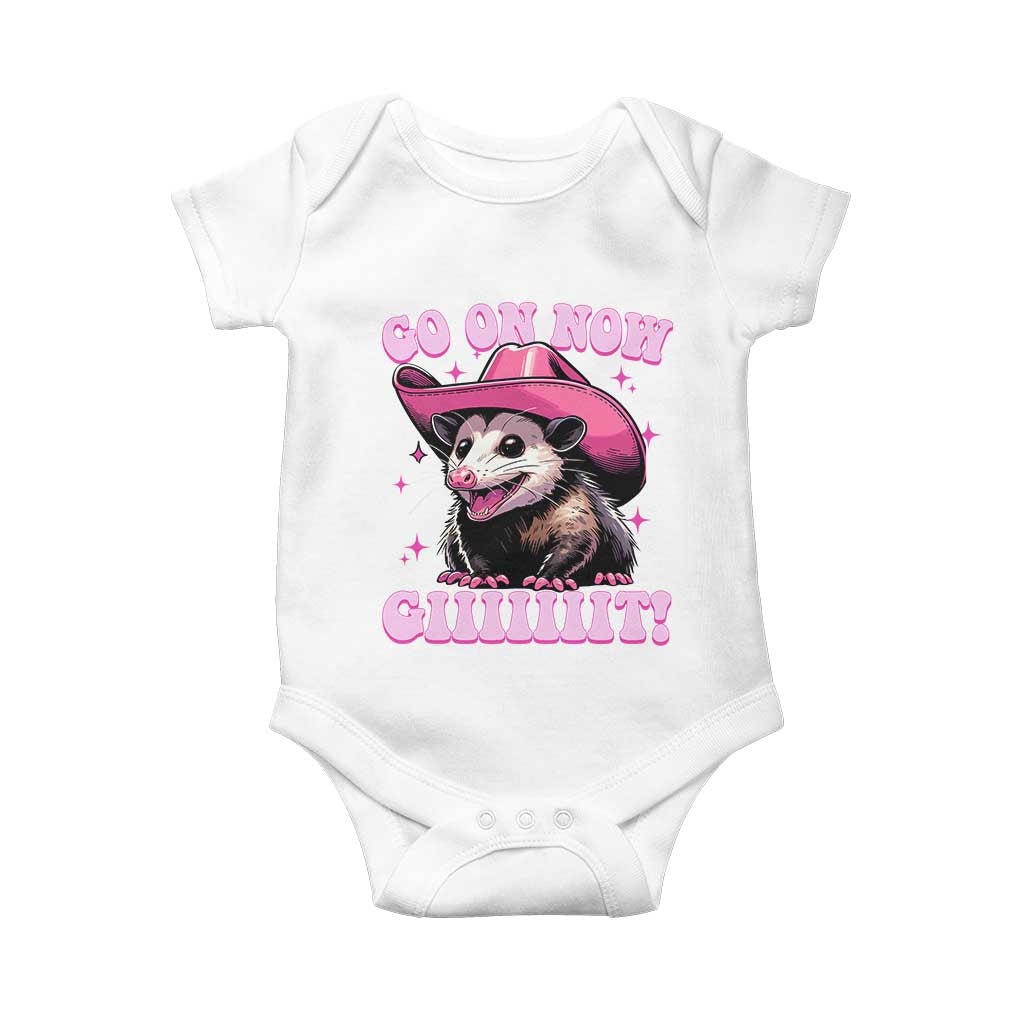 Cowboy Opossum Go On Now Git Baby Onesie Funny Possum Pink Cowgirl Hat Western Wild West TS10 White Print Your Wear