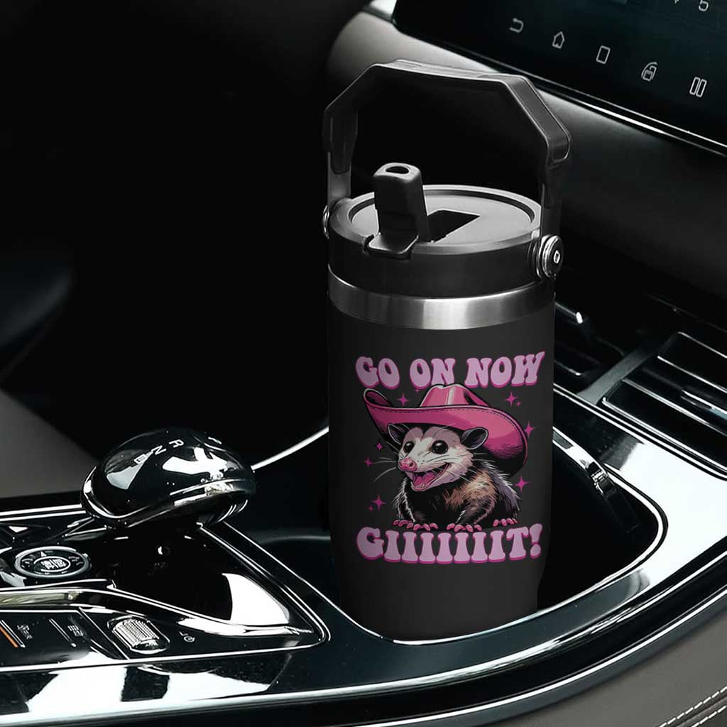 Cowboy Opossum Go On Now Git Flip Straw Tumbler Funny Possum Pink Cowgirl Hat Western Wild West TS10 Print Your Wear