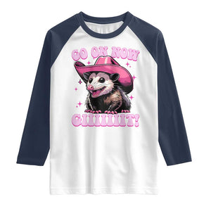 Cowboy Opossum Go On Now Git Raglan Shirt Funny Possum Pink Cowgirl Hat Western Wild West TS10 White Navy Print Your Wear