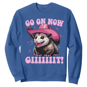 Cowboy Opossum Go On Now Git Sweatshirt Funny Possum Pink Cowgirl Hat Western Wild West TS10 Royal Blue Print Your Wear
