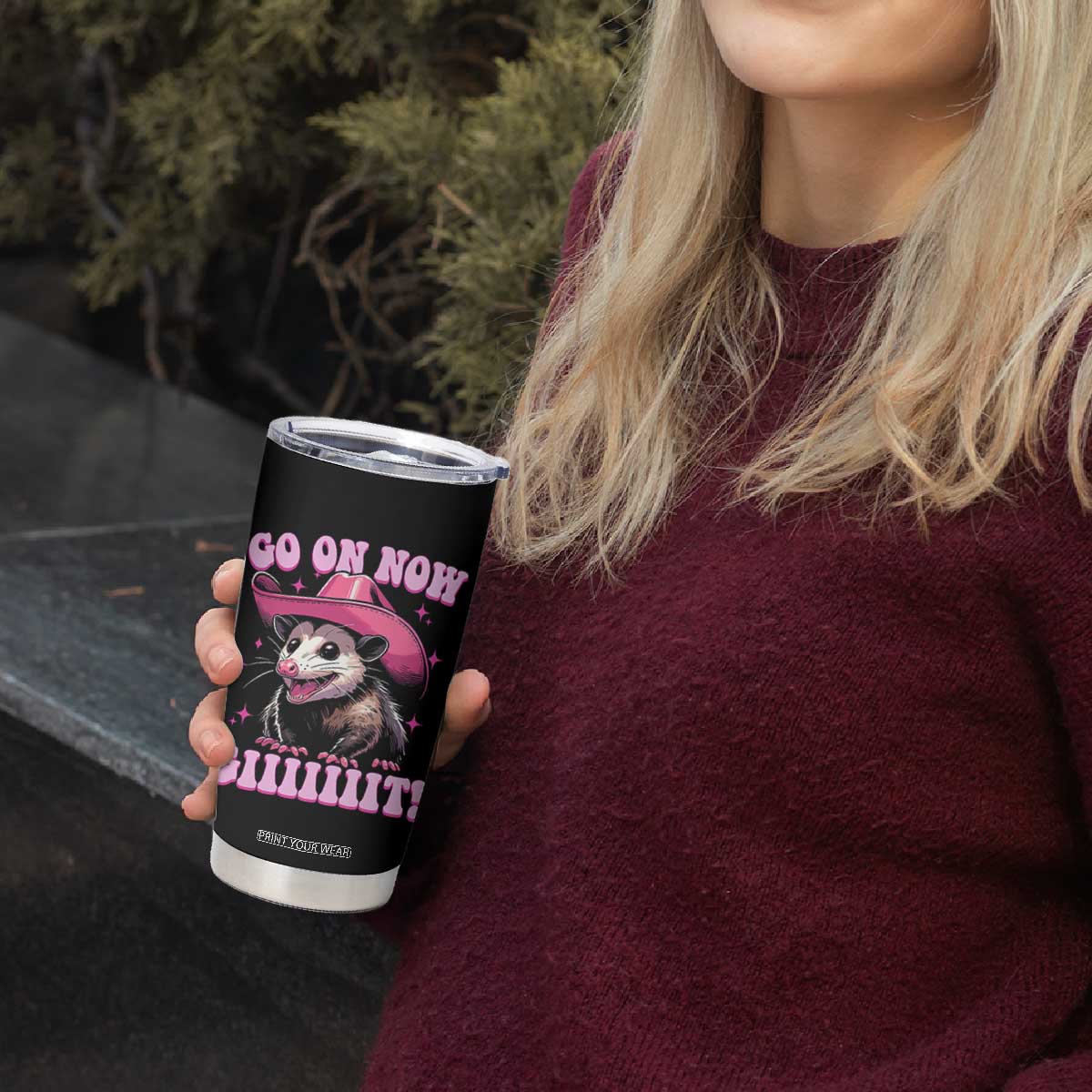 Cowboy Opossum Go On Now Git Tumbler Cup Funny Possum Pink Cowgirl Hat Western Wild West TS10 Print Your Wear