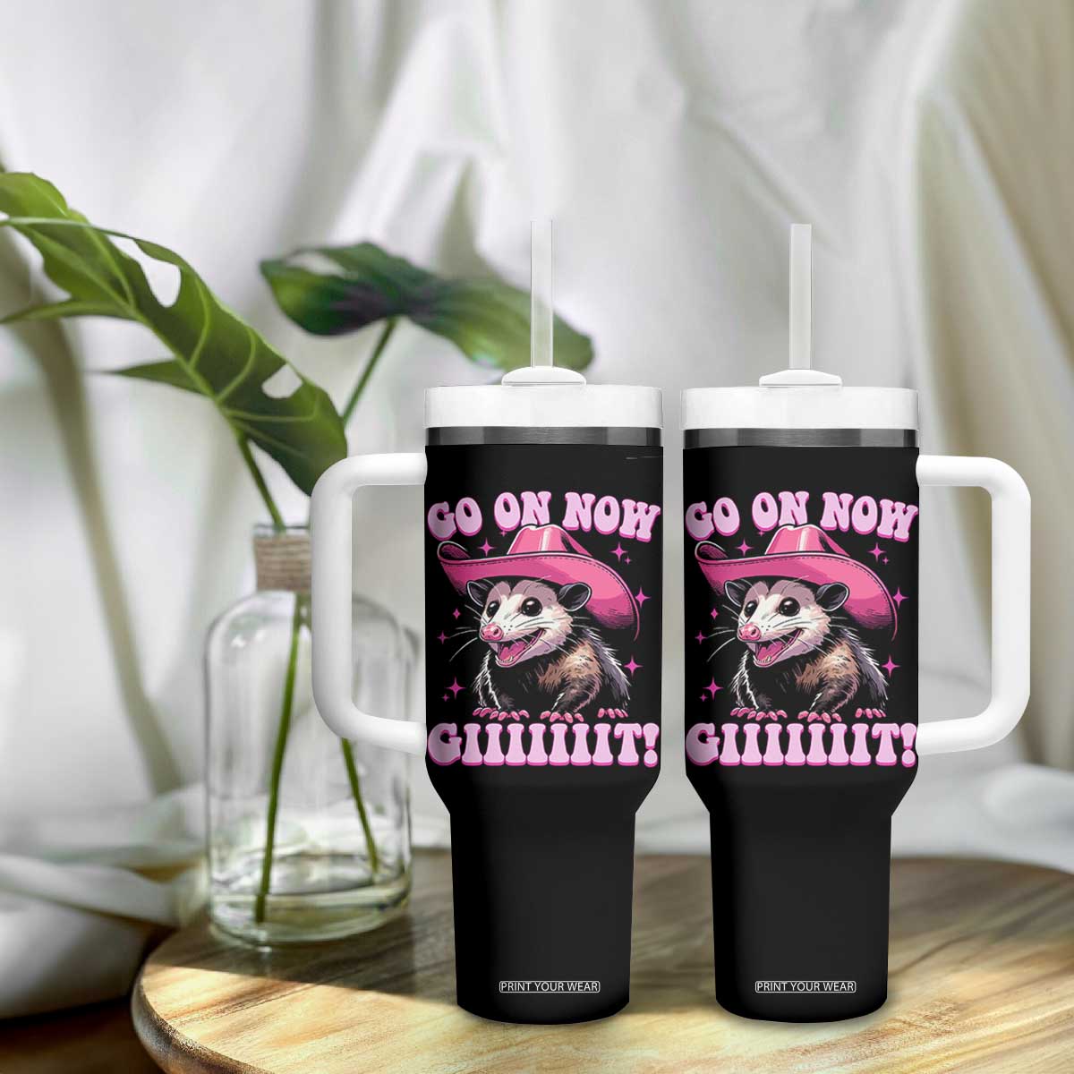 Cowboy Opossum Go On Now Git Tumbler With Handle Funny Possum Pink Cowgirl Hat Western Wild West TS10 Print Your Wear