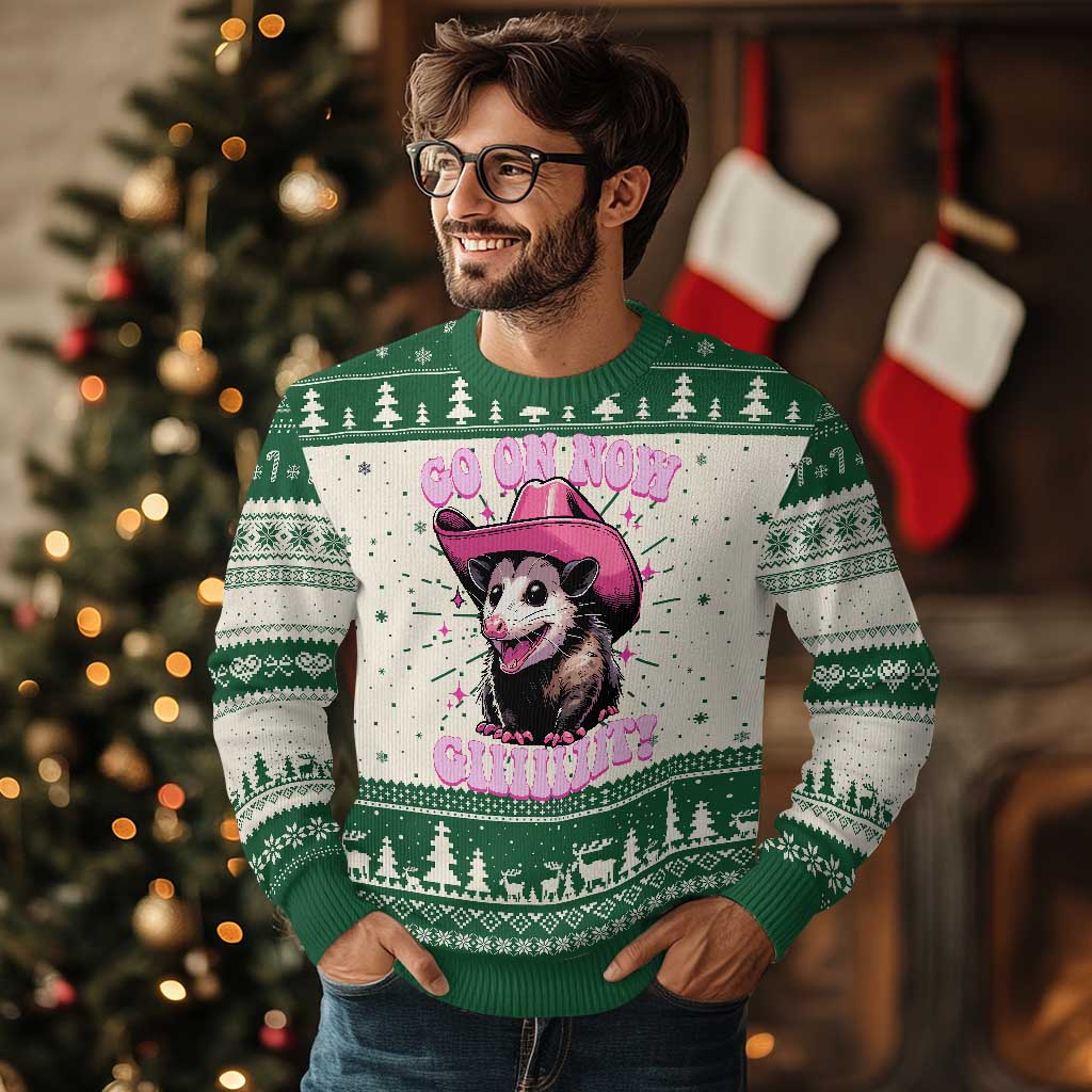 Cowboy Opossum Go On Now Git Knit Sweatshirt Funny Possum Pink Cowgirl Hat Western Wild West TS10 Green Print Your Wear