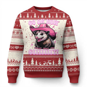 Cowboy Opossum Go On Now Git Knit Sweatshirt Funny Possum Pink Cowgirl Hat Western Wild West TS10 Red Print Your Wear