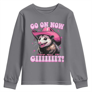 Cowboy Opossum Go On Now Git Youth Sweatshirt Funny Possum Pink Cowgirl Hat Western Wild West TS10 Charcoal Print Your Wear
