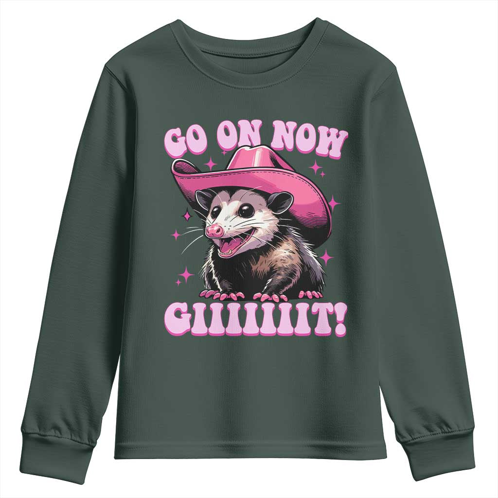 Cowboy Opossum Go On Now Git Youth Sweatshirt Funny Possum Pink Cowgirl Hat Western Wild West TS10 Dark Forest Green Print Your Wear