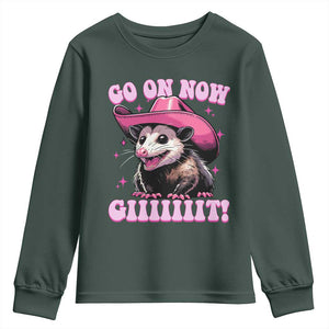 Cowboy Opossum Go On Now Git Youth Sweatshirt Funny Possum Pink Cowgirl Hat Western Wild West TS10 Dark Forest Green Print Your Wear