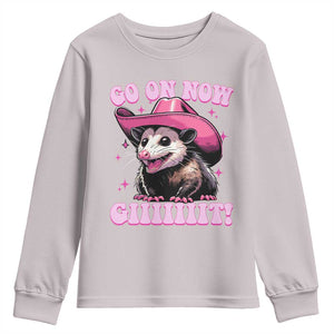 Cowboy Opossum Go On Now Git Youth Sweatshirt Funny Possum Pink Cowgirl Hat Western Wild West TS10 Ice Gray Print Your Wear