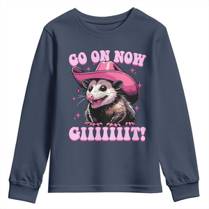 Cowboy Opossum Go On Now Git Youth Sweatshirt Funny Possum Pink Cowgirl Hat Western Wild West TS10 Navy Print Your Wear