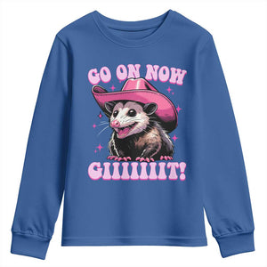 Cowboy Opossum Go On Now Git Youth Sweatshirt Funny Possum Pink Cowgirl Hat Western Wild West TS10 Royal Blue Print Your Wear