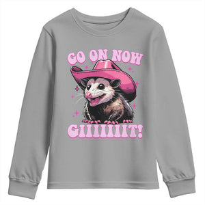 Cowboy Opossum Go On Now Git Youth Sweatshirt Funny Possum Pink Cowgirl Hat Western Wild West TS10 Sport Gray Print Your Wear