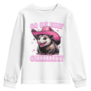 Cowboy Opossum Go On Now Git Youth Sweatshirt Funny Possum Pink Cowgirl Hat Western Wild West TS10 White Print Your Wear