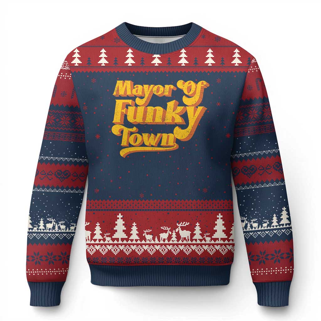 Retro Mayor of Funky Town Ugly Christmas Sweater Funny Vintage 70s Disco Party TS10 Navy Red Print Your Wear