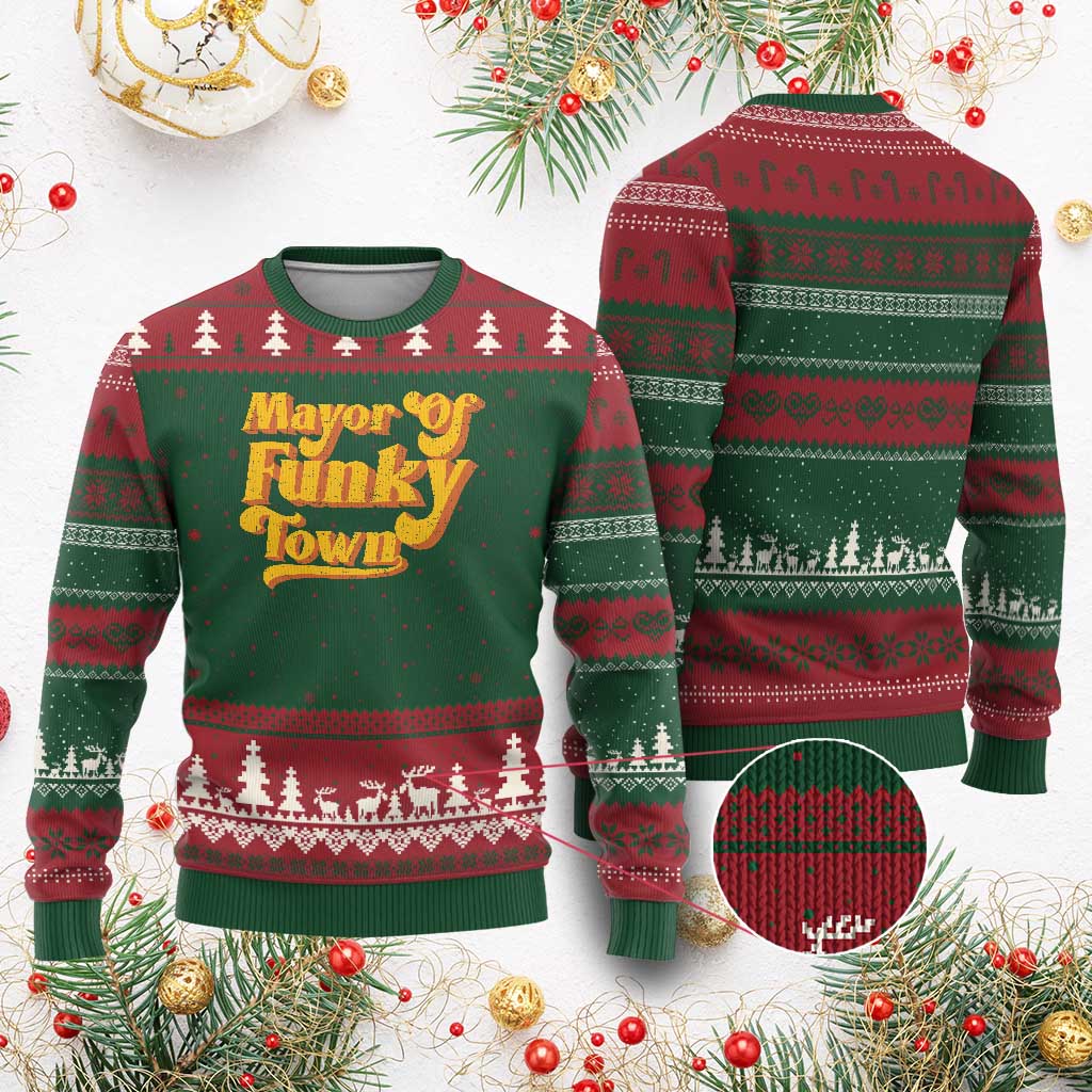 Retro Mayor of Funky Town Ugly Christmas Sweater Funny Vintage 70s Disco Party TS10 Red Green Print Your Wear