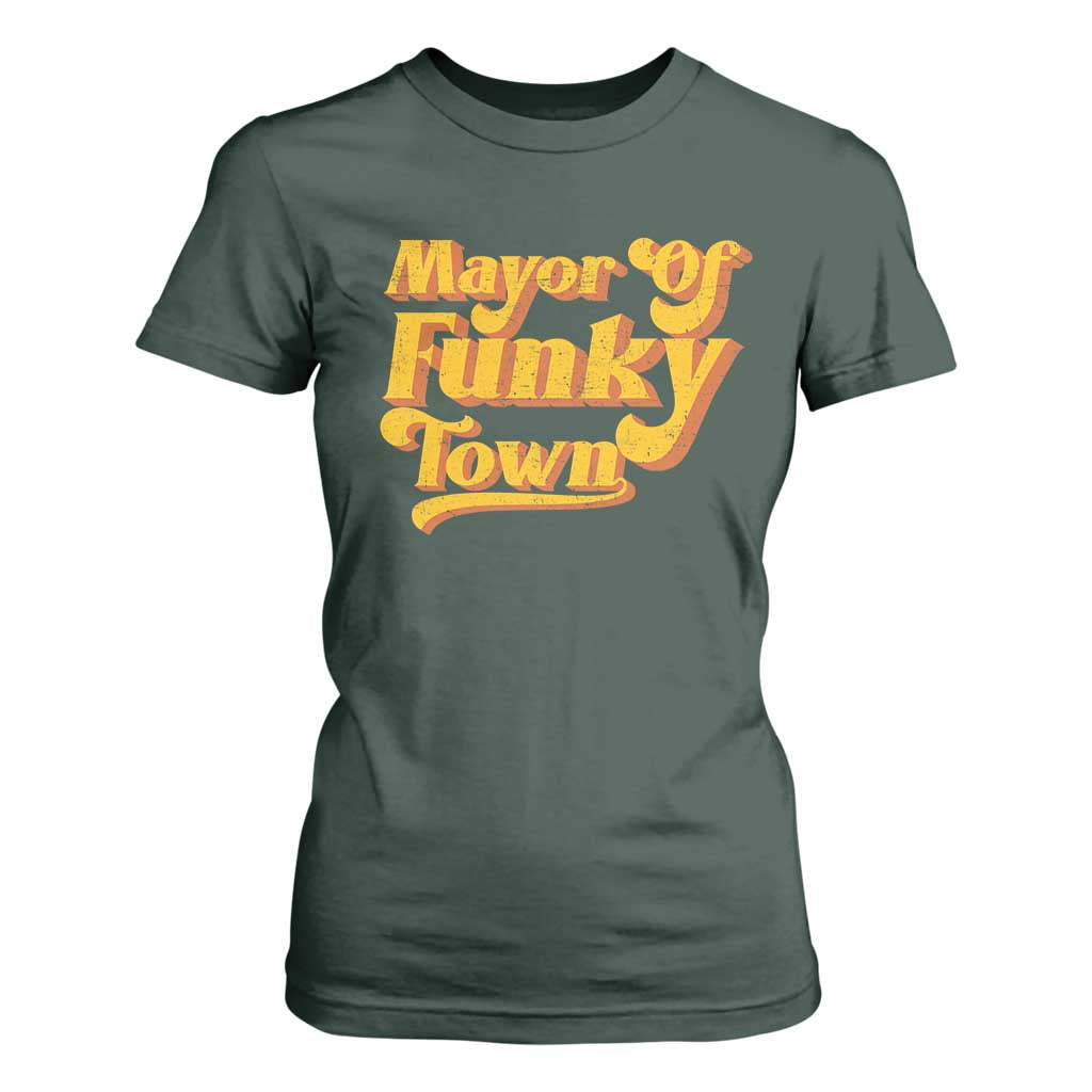 Retro Mayor of Funky Town T Shirt For Women Funny Vintage 70s Disco Party TS10 Dark Forest Green Print Your Wear