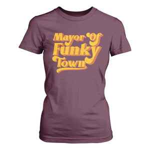 Retro Mayor of Funky Town T Shirt For Women Funny Vintage 70s Disco Party TS10 Maroon Print Your Wear
