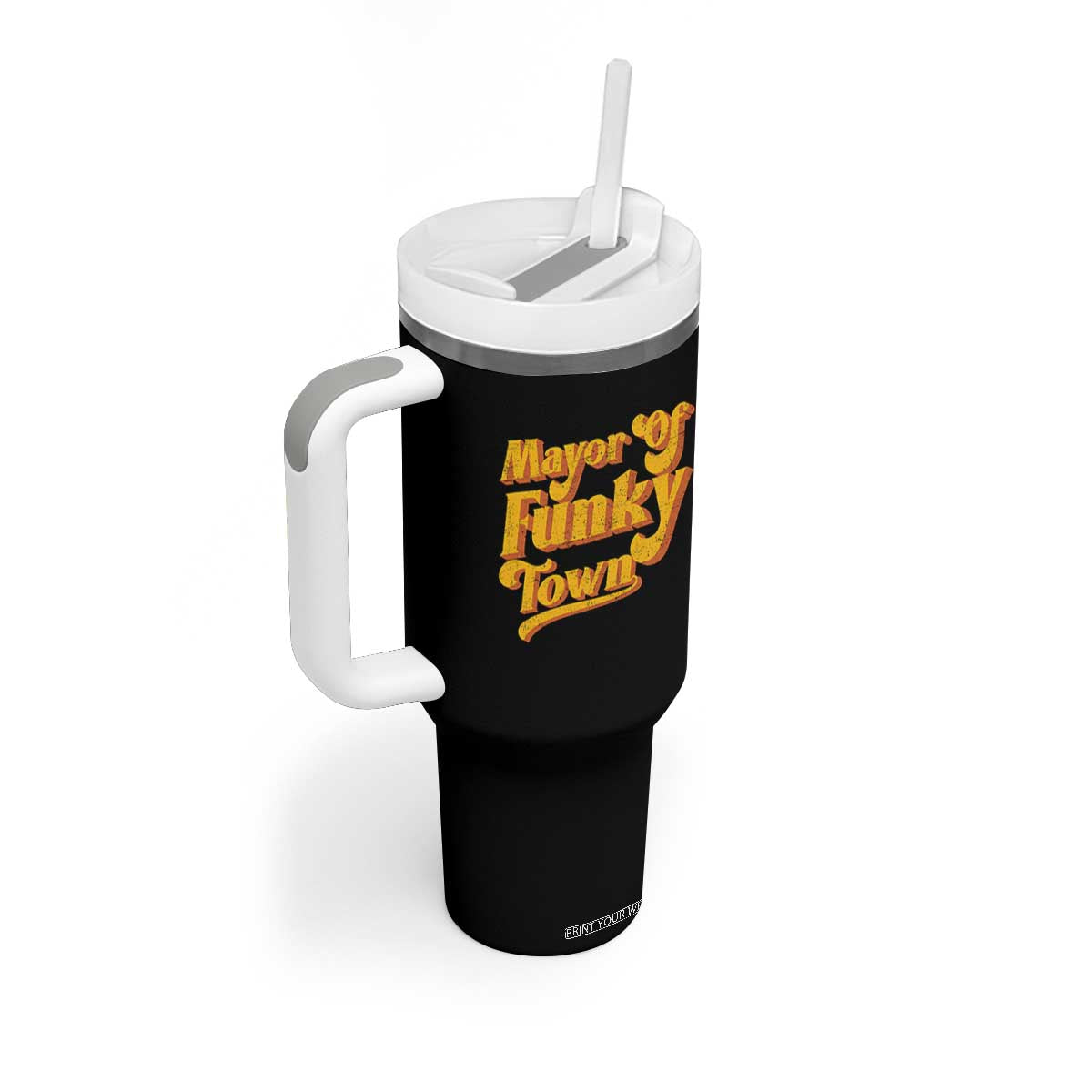 Retro Mayor of Funky Town Tumbler With Handle Funny Vintage 70s Disco Party TS10 Print Your Wear