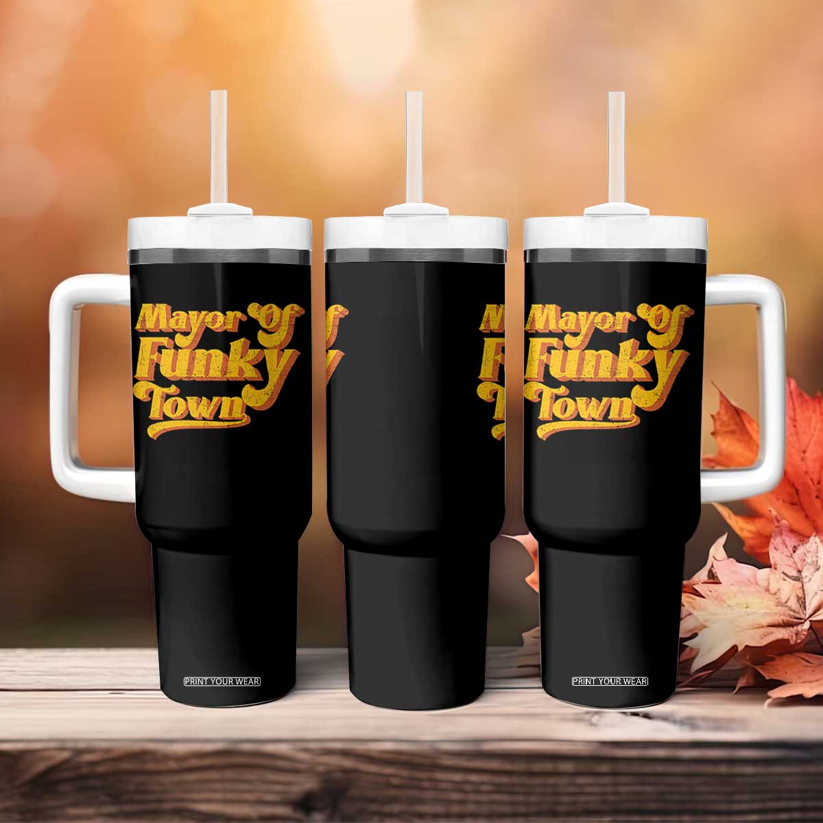 Retro Mayor of Funky Town Tumbler With Handle Funny Vintage 70s Disco Party TS10 Print Your Wear
