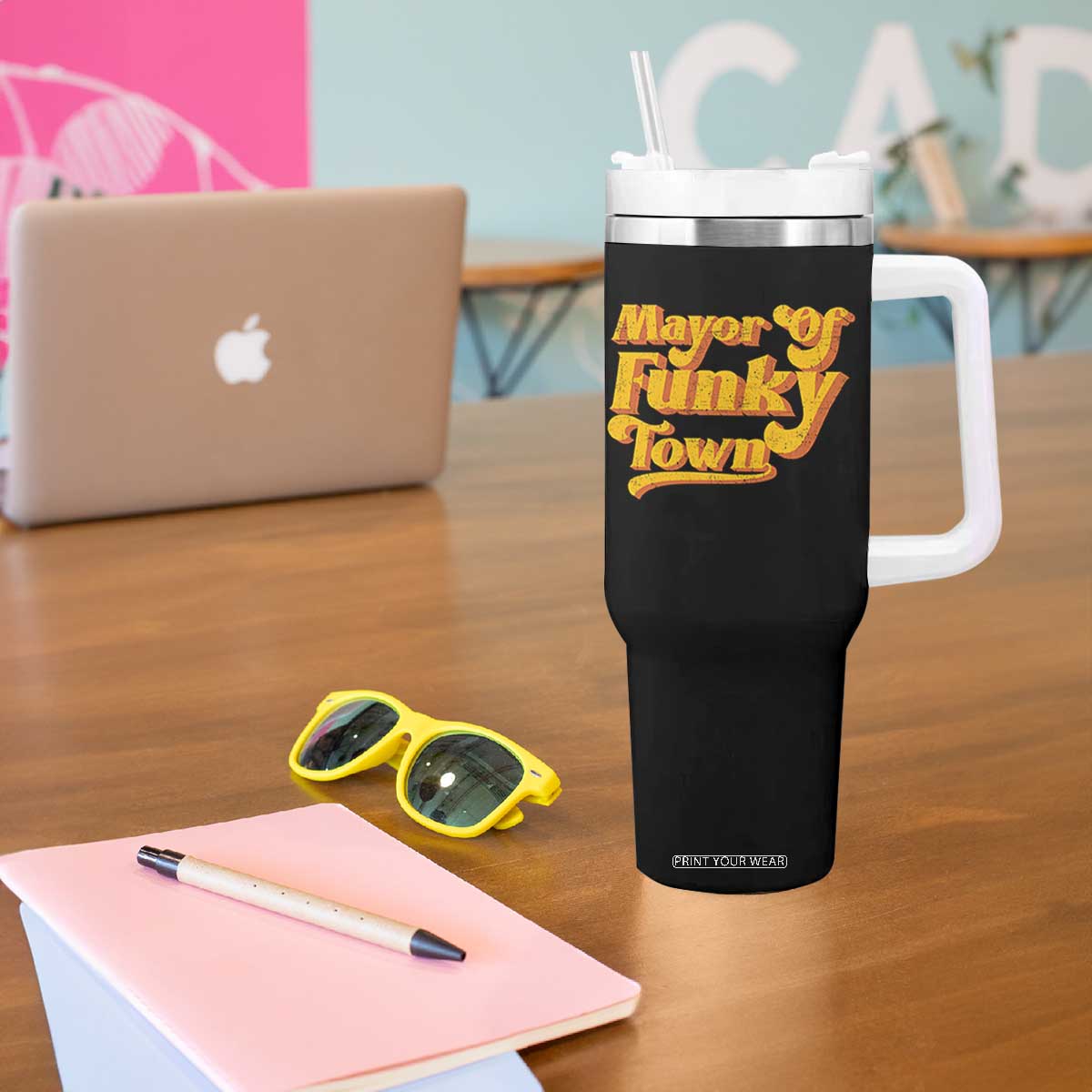 Retro Mayor of Funky Town Tumbler With Handle Funny Vintage 70s Disco Party TS10 Print Your Wear